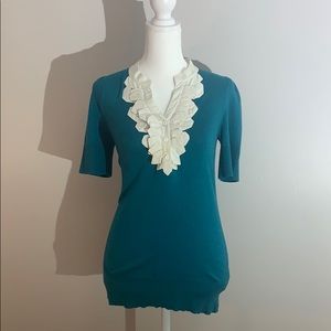 Teal short sleeve blouse with ruffle front